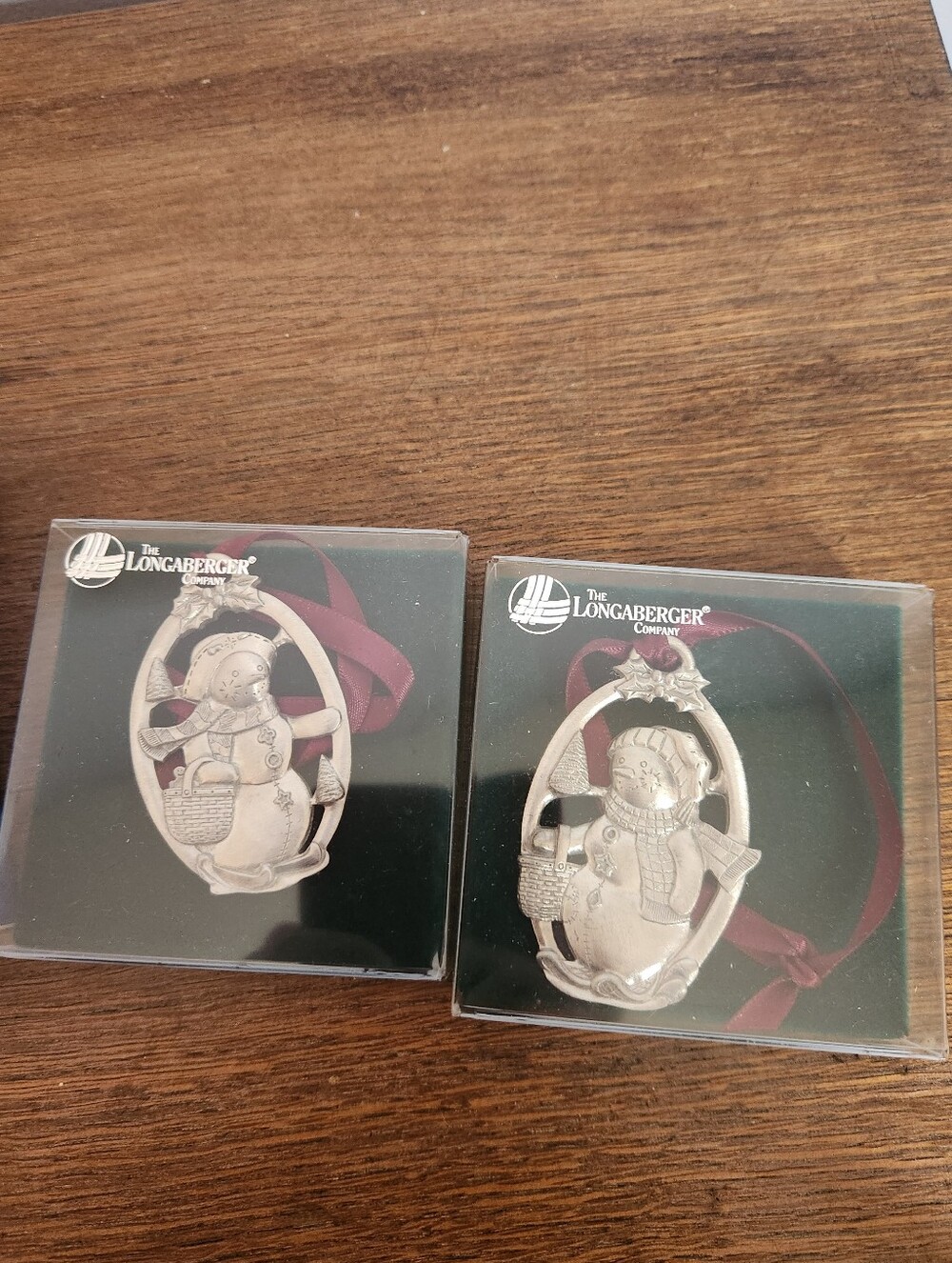 The Longaberger Silver Snowman Ornament with Burgundy Ribbon (Set of 2) Snow Fri